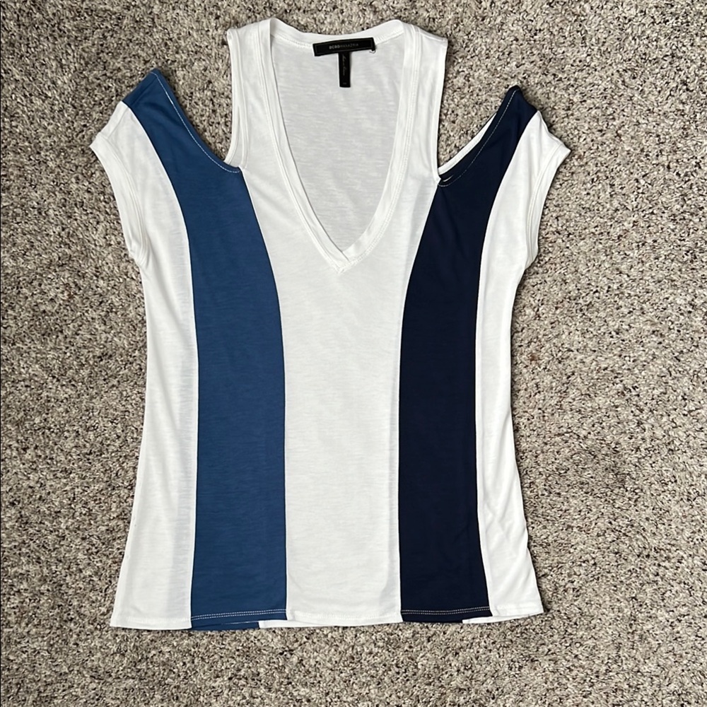 BCBGMaxAzria White and Blue Cut Out Tank Top